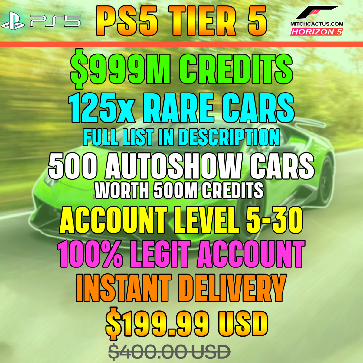 Forza Horizon 5 Modded Accounts PS5 Tier 5