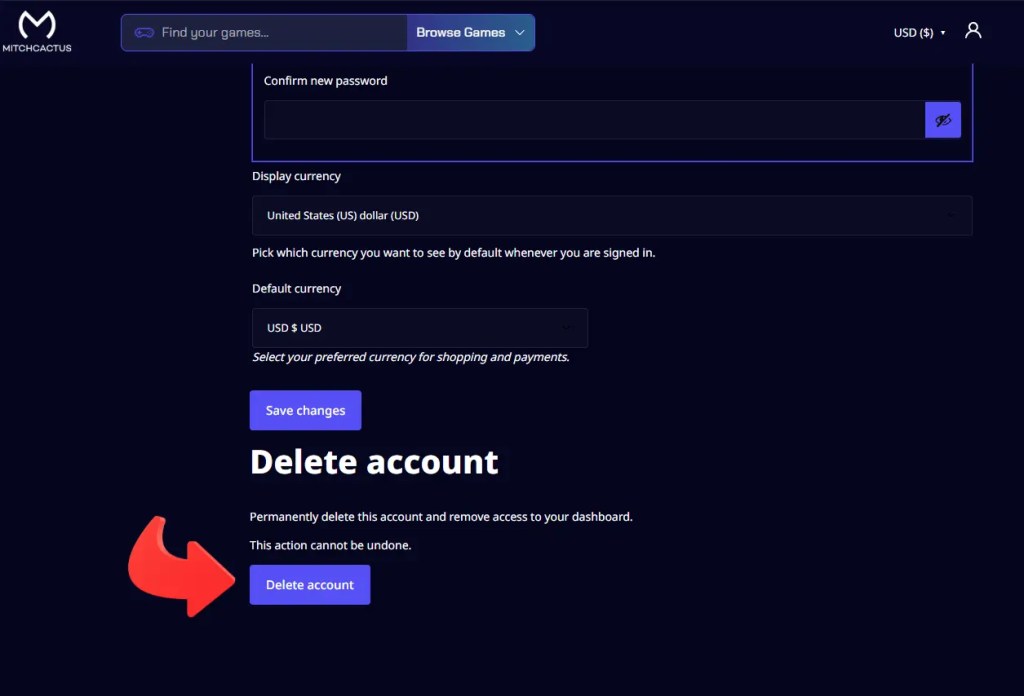 MitchCactus Account Deletion Button