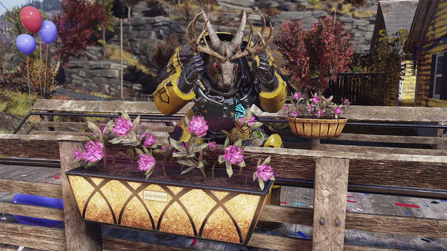Player wearing antlered Fallout Power Armor admiring a butterfly in a garden setting, featured in our fallout 76 fasnacht guide 2026