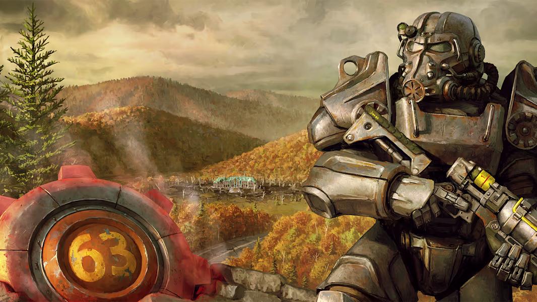 Fallout T-45 armor set in an open pasture in front of a giant steel Vault 63 gear door.