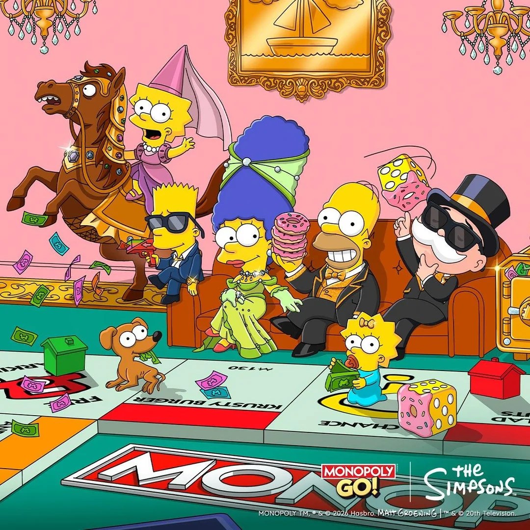 Simpsons and Monopoly Guy crossover banner art; monopoly go simpsons album guide.