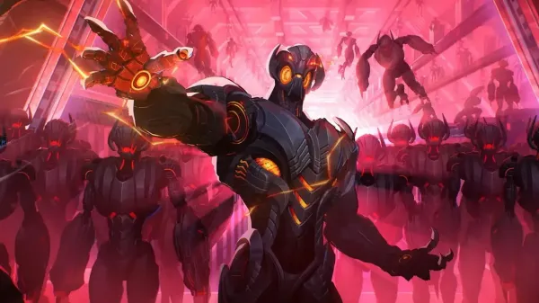 Ultron reaching his hand forward as a swarm of Sentry drones marches behind him in this image from our Marvel Rivals Age of Ultron guide.