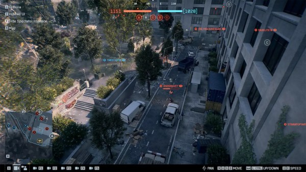Top-down view of urban map gameplay in a custom match, as detailed in our Battlefield 6 custom lobbies guide, showcasing Freecam perspective for spectators and directors.
