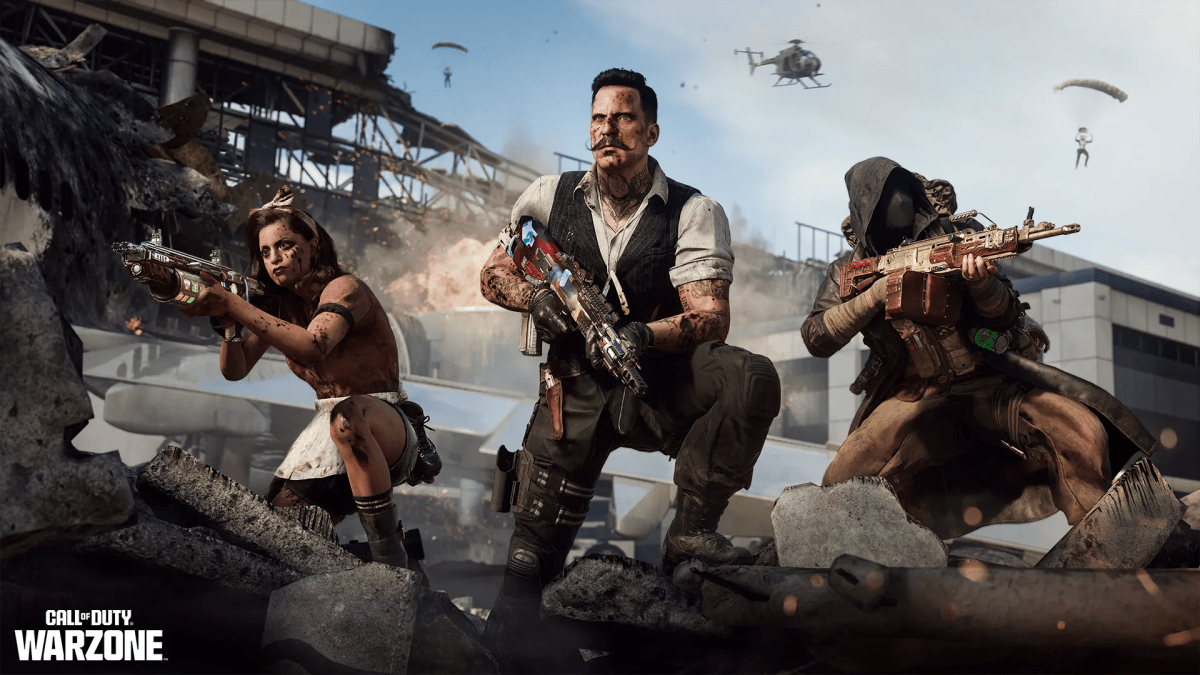 Three Operators crouching in a destroyed urban zone with helicopters and parachutes in the background during Warzone Season 5 Reloaded.