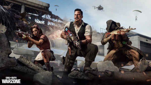 Three Operators crouching in a destroyed urban zone with helicopters and parachutes in the background during Warzone Season 5 Reloaded.
