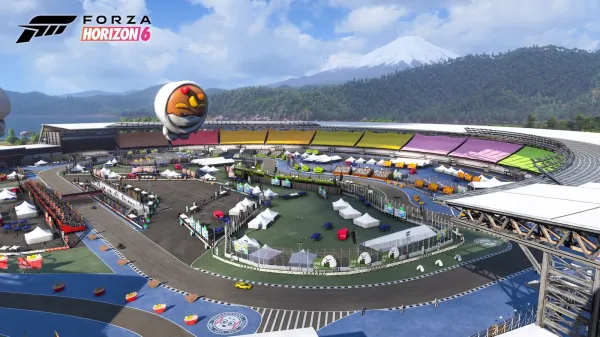 An aerial view of the temporary Edamame Time Attack Circuit inside the Horizon Stadium, decorated with neon arches and inflatable figures from the Forza Horizon 6 Series 4 Mascot Party update.