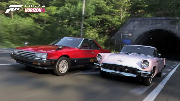 A red retro sedan and a light pink classic coupe driving out of a mountain tunnel, a possible preview for the Forza Horizon 6 British Automotive update content.