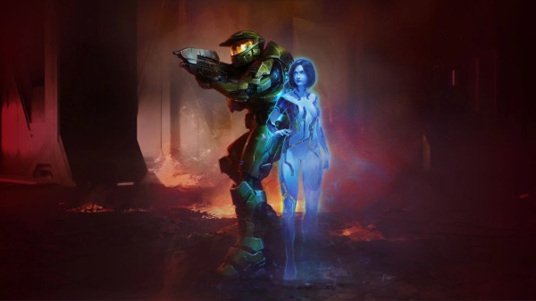 Official concept art for the Halo Campaign Evolved changes featuring Master Chief holding an Assault Rifle alongside glowing blue AI Cortana.