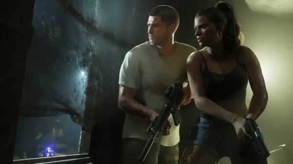 ason holding an assault rifle alongside Lucia with a handgun, illustrating the seamless GTA 6 character switching mechanic during combat.