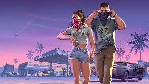 GTA 6 protagonists Lucia and Jason against a vibrant neon blue sky background, featured in a guide on how to watch GTA 6 extended look for free.