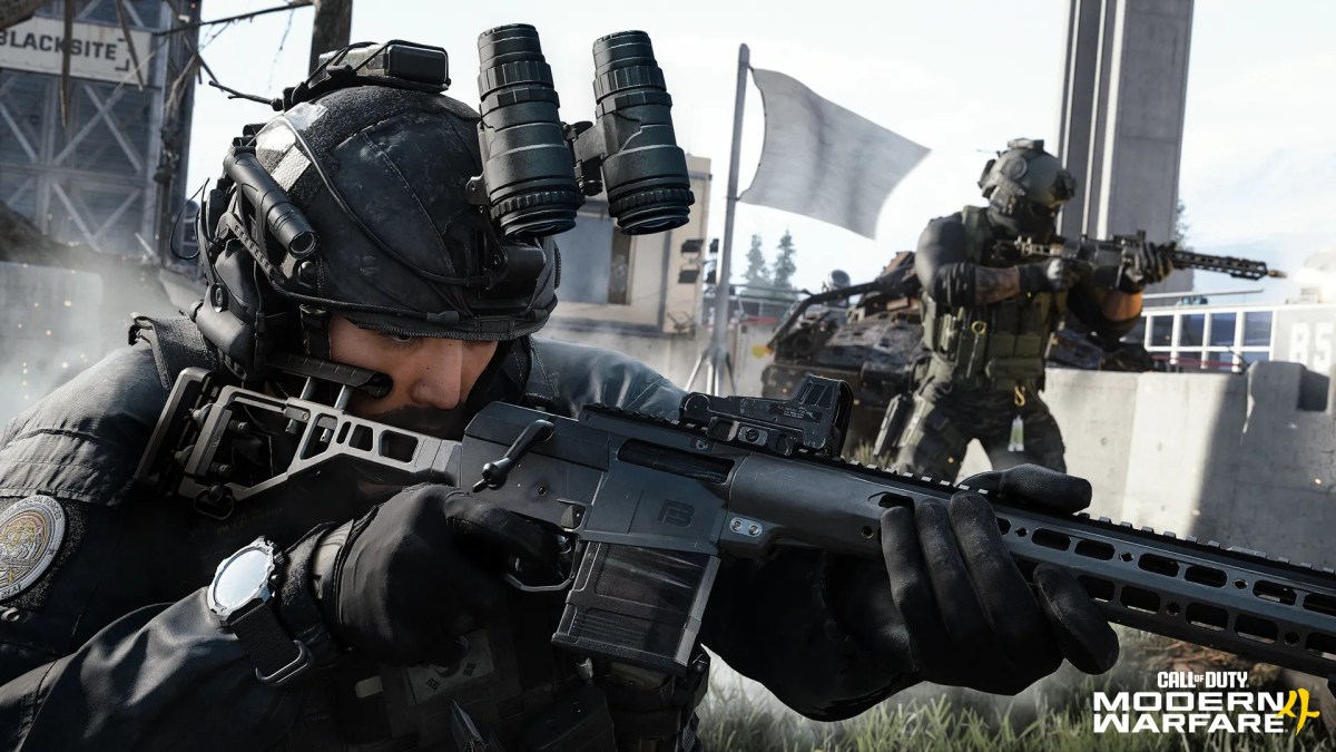 Call of Duty NEXT 2026 recap key visual showing a close-up of a tactical operator in full combat gear aiming an assault rifle at the 'Blacksite' location during the MW4 gameplay reveals.