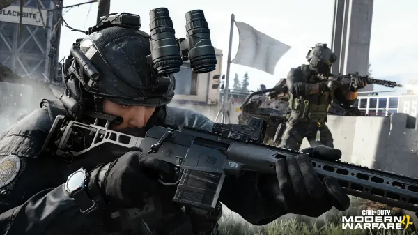 Call of Duty NEXT 2026 recap key visual showing a close-up of a tactical operator in full combat gear aiming an assault rifle at the 'Blacksite' location during the MW4 gameplay reveals.