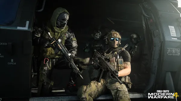 Tactical squad seated inside a helicopter in Call of Duty Modern Warfare 4, highlighting Modern Warfare 4 beta PC specs.