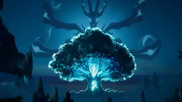 A glowing blue World Tree surrounded by a mysterious creature in Palworld, highlighted in the Palworld v1.0.3 patch notes update.