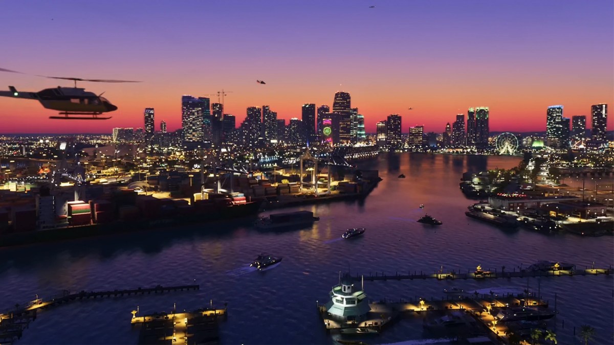 Overhead aerial shot of Vice City skyline at dusk, highlighting key GTA 6 map locations and harbor districts in Leonida.