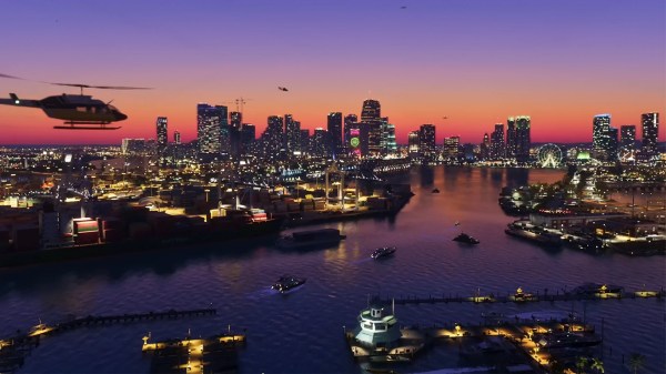 Overhead aerial shot of Vice City skyline at dusk, highlighting key GTA 6 map locations and harbor districts in Leonida.