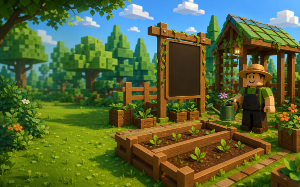 A Roblox character tending to plants in a dense forest, featured in our Roblox Grow a Garden 2 Fall Harvest Update Guide.