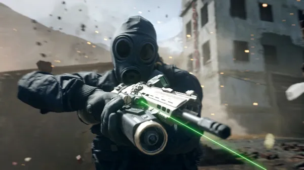 An operator wearing a gas mask aiming a customized assault rifle featuring Modern Warfare 4 Beta rewards unlockable in-game.
