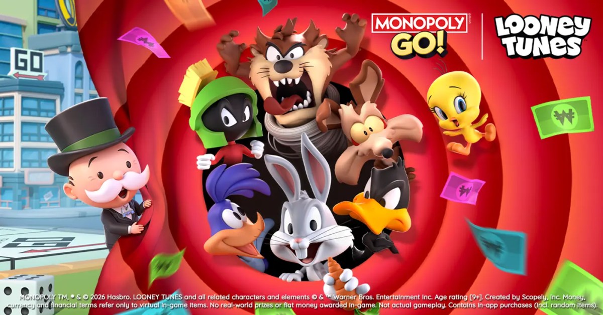Monopoly GO Happy Harvest Looney Tunes event banner featuring Rich Uncle Pennybags alongside Bugs Bunny and Daffy Duck.