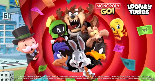 Monopoly GO Happy Harvest Looney Tunes event banner featuring Rich Uncle Pennybags alongside Bugs Bunny and Daffy Duck.