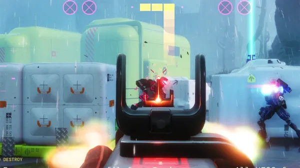 First-person perspective aiming down iron sights at an enemy in Marathon, ideal for a Marathon Ordnance Heist guide.