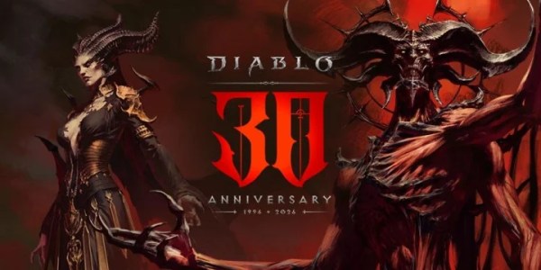 Diablo 30th Anniversary logo (1996–2026) flanked by Lilith and Diablo, representing Diablo 4 BlizzCon 2026 predictions for upcoming expansions and reveals.