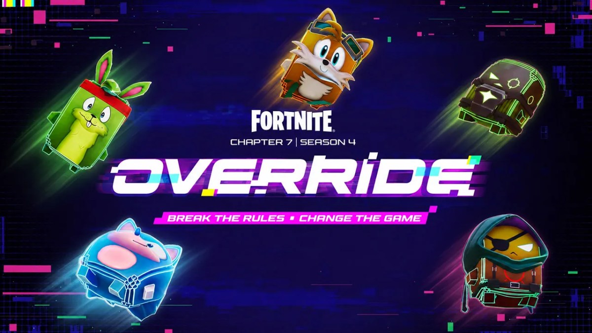 Promotional graphic showing dynamic Fortnite Override sprite locations and new character variants like Sonic and Tails in Chapter 7 Season 4.