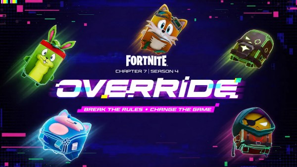 Promotional graphic showing dynamic Fortnite Override sprite locations and new character variants like Sonic and Tails in Chapter 7 Season 4.