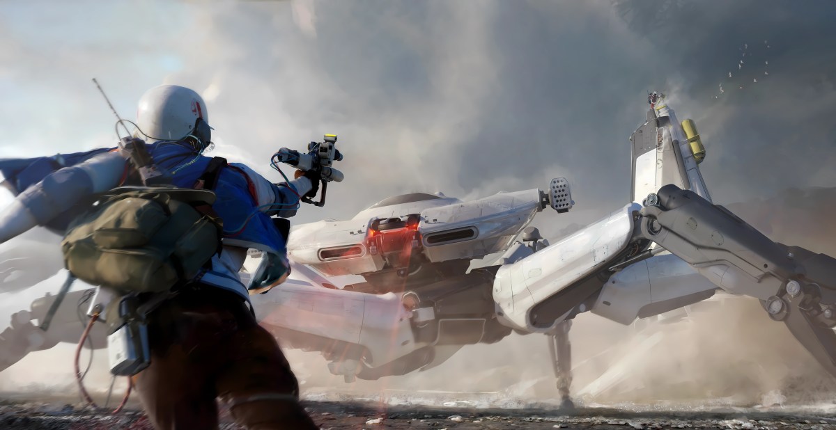 A Raider aiming a weapon at a massive spider-like machine in battle, high-gear combat that builds stash value for an ARC Raiders expedition carry over.