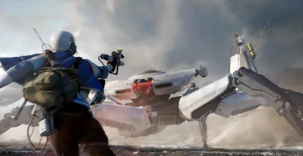 A Raider aiming a weapon at a massive spider-like machine in battle, high-gear combat that builds stash value for an ARC Raiders expedition carry over.