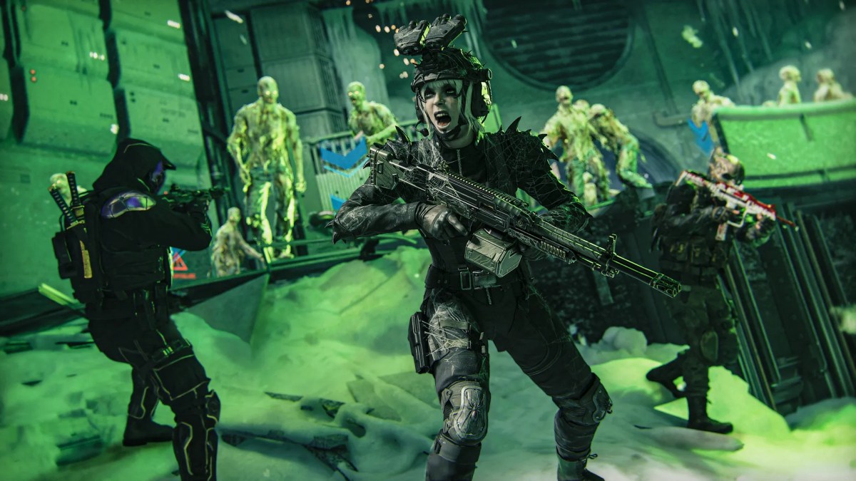 A soldier holding an assault rifle in a glowing green room surrounded by glowing-eyed zombies in the Black Ops 7 Season 6 Hordepoint multiplayer mode.