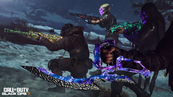 camos, focusing on a purple-and-blue melee blade in the foreground, with background text explaining how to unlock season 6 weapons BO7.