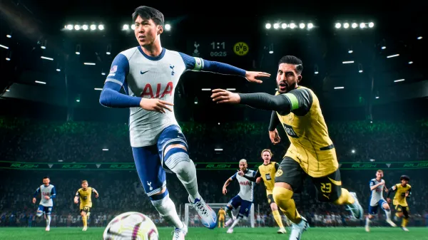 In-game action shot of a Tottenham player dribbling past a Borussia Dortmund defender in a packed stadium, showcasing EA FC 27 Career Mode features.