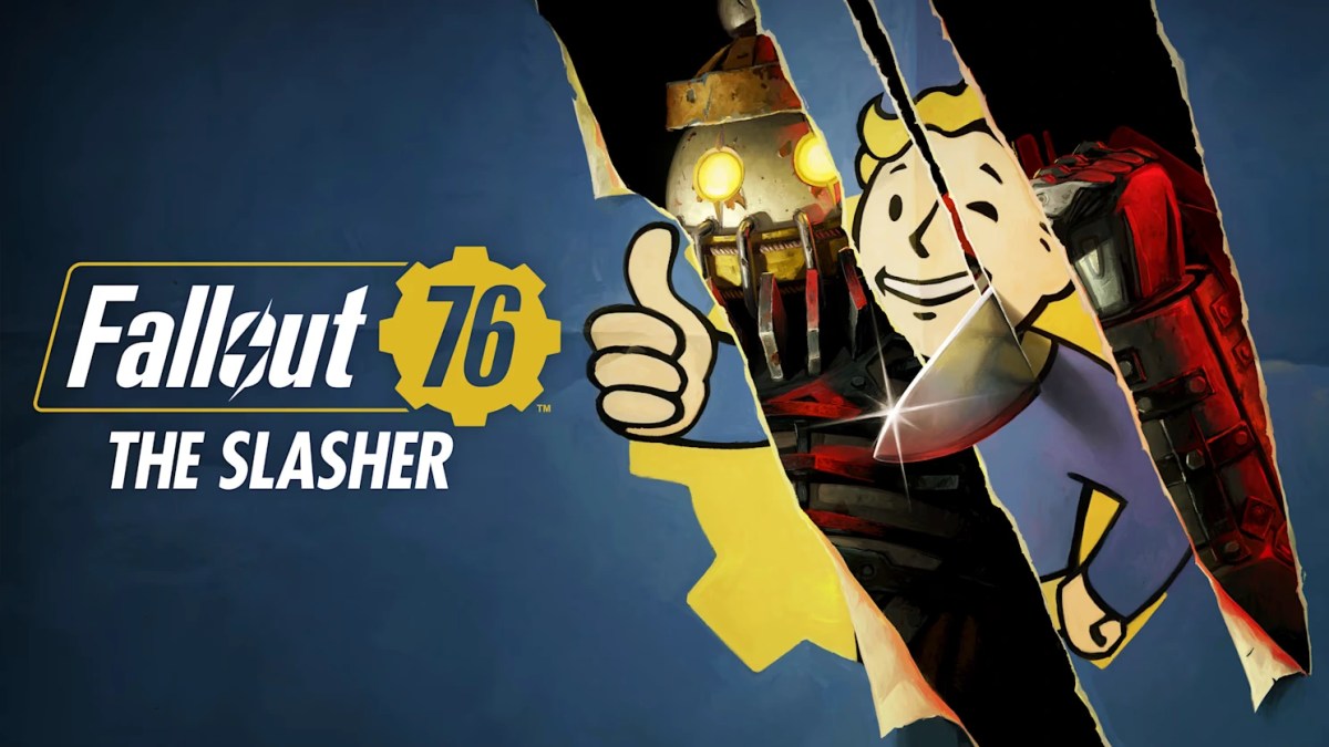 Official promotional graphic for the Fallout 76 The Slasher update featuring Vault Boy tearing through the canvas alongside a slasher weapon and stylized logo.