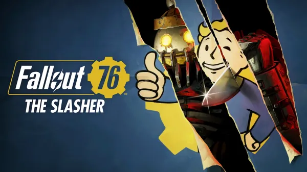 Official promotional graphic for the Fallout 76 The Slasher update featuring Vault Boy tearing through the canvas alongside a slasher weapon and stylized logo.