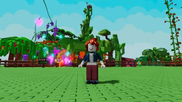 A Roblox character with red hair stands in a vibrant, oversized garden in Grow a Garden Harvest Moon Part 4, which is filled with large green plants, purple flowers, and a 'Grow All' sign.