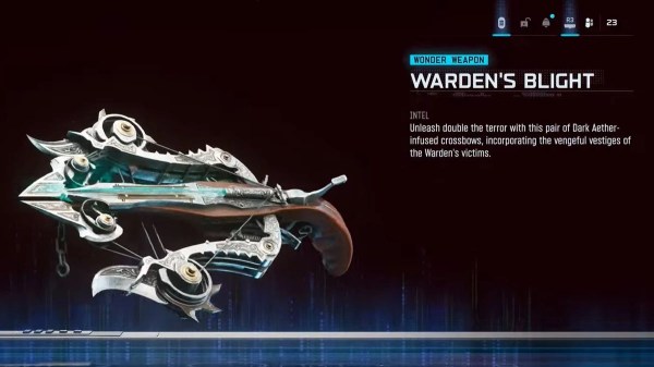 In-game menu screenshot showcasing the Warden's Blight dual-crossbow Wonder Weapon, illustrating how to get wardens blight bo7 zombies