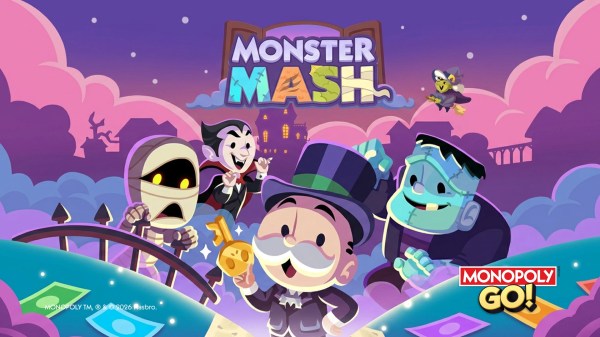 Official promotional banner for the Monopoly GO Monster Mash album season featuring Mr. Monopoly alongside a Frankenstein's monster, Dracula, mummy, and flying witch.