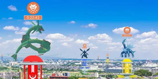 Pokémon GO raid guide showing Legendary Pokémon appearing above city Gyms.