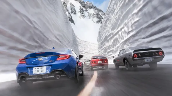 Sports cars driving at high speed down a narrow asphalt road flanked by towering snow walls in Forza Horizon 6.