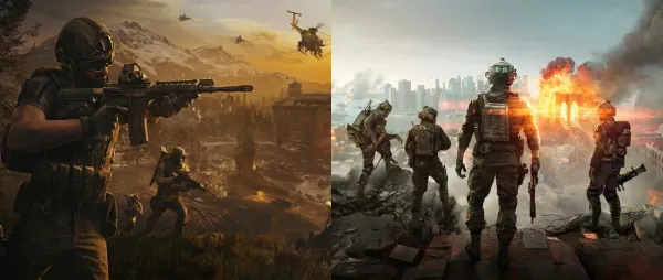 A split image comparing Wardogs vs Battlefield 6 gameplay styles. The left side (Wardogs) shows a tactical soldier with a rifle in a mountainous valley with an attack helicopter at sunset. The right side (Battlefield 6) features a squad of four soldiers in a destroyed cityscape with explosions and a massive fire.