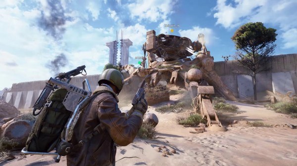 A player wearing gear and holding a sidearm approaches a massive mechanical ARC machine in an arid landscape, serving as a visual for an ARC Raiders 5th Expedition guide.