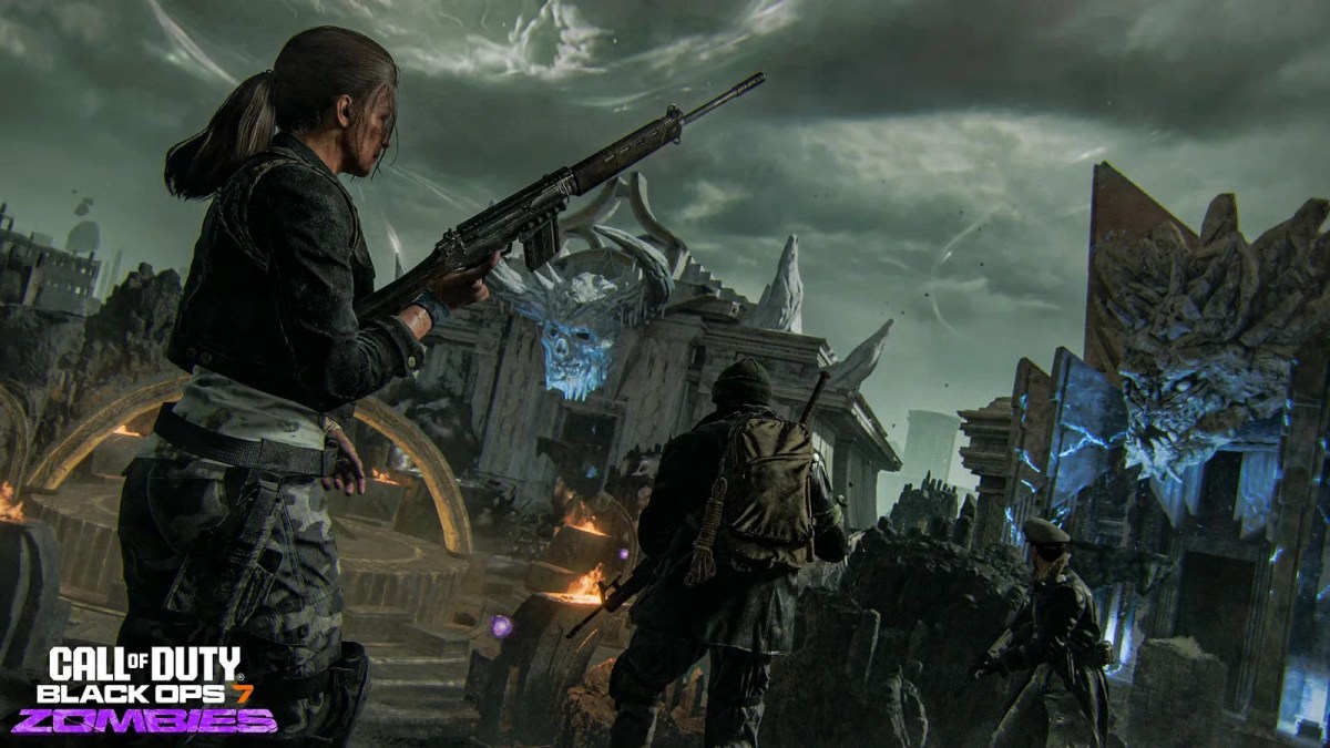 Squad of Operators exploring dark stone ruins in Black Ops 7 Zombies, featured in our Rex Infernus Easter Egg Guide.