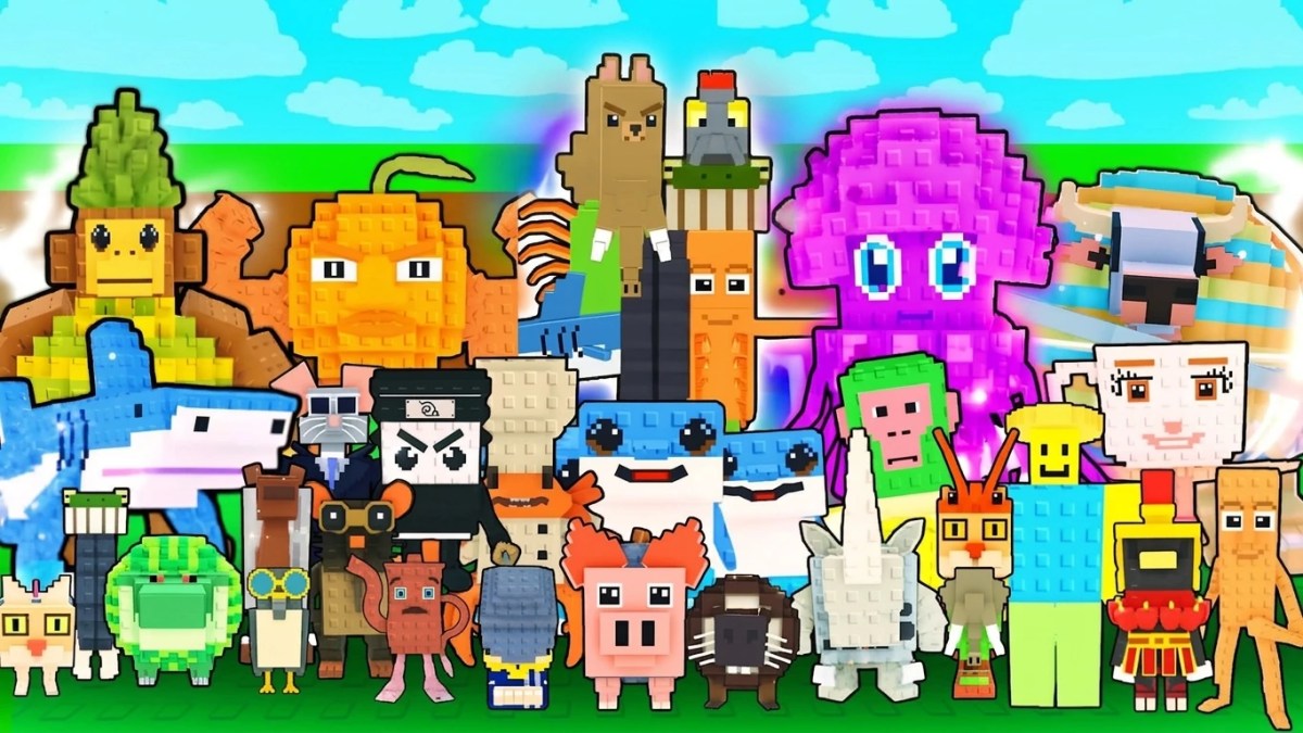 A lineup of pixelated voxel characters from the Steal a Brainrot Update 63 all brainrots collection, standing against a bright green landscape and blue sky.