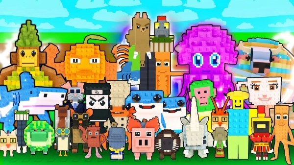 A lineup of pixelated voxel characters from the Steal a Brainrot Update 63 all brainrots collection, standing against a bright green landscape and blue sky.
