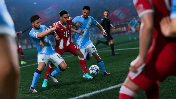 n-game gameplay action featuring top-rated players contesting for the ball, showcasing high-tier EA FC 27 player ratings during a match.