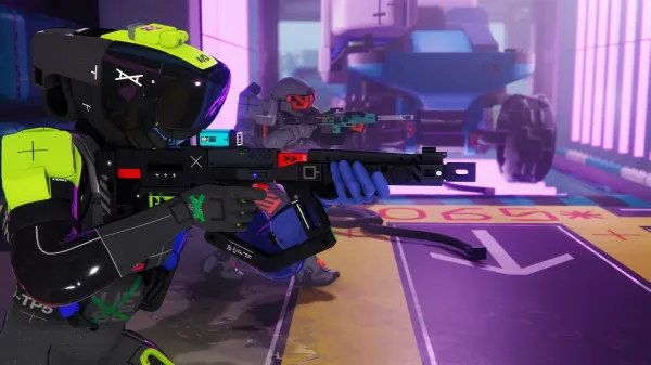 A Runner aiming a meta rifle in a sci-fi corridor, representing top guns in the Marathon weapon tier list.
