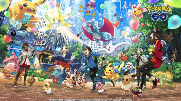 Group of Pokémon GO trainers and various Pokémon celebrating in a park, featured in a pokemon go iv guide.