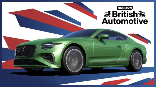 A metallic green Bentley Continental GT Speed features in this promotional asset for the Forza Horizon 6 British Automotive update. The image includes the official "Horizon British Automotive" logo with lion rampant motifs, set against a graphic background of abstract red, white, and blue shapes.