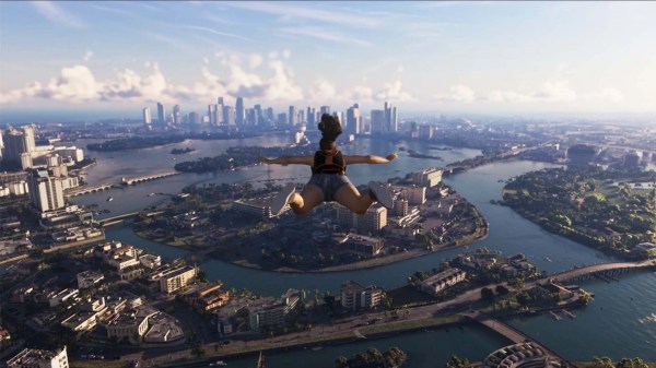 Lucia skydiving over Vice City, highlighting GTA 6 confirmed features like side activities and map traversal.